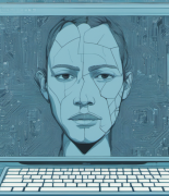 a pale blue computer face with a cyber background 961692669