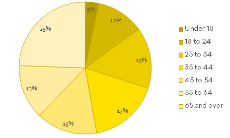 Pie chart showing reports by individuals by age group: 3 per cent by those under 18 years, 12 per cent by 18 to 24 year olds, 15 per cent by 25 to 34 year olds, 17 percent by 35 to 44 year olds, 15 per cent by 45 to 54 year olds, 15 per cent by 55 to 64 year olds, and 25 per cent from those aged over 65 years.