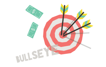 Illustration of money falling next to a bullseye with arrows lodged in the very centre circle.